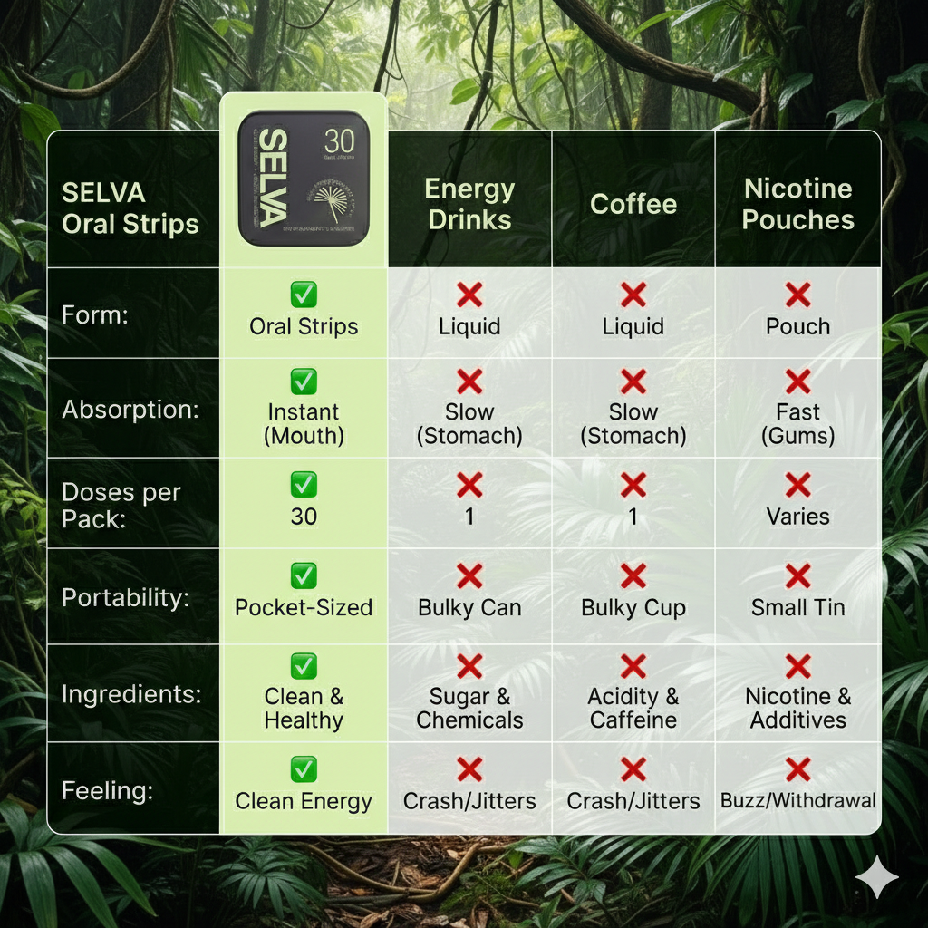 SELVA vs energy drinks vs coffee comparison - faster absorption and zero crash